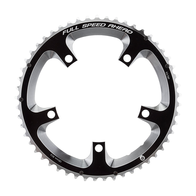 Plato de carretera Full Speed Ahead Super Road - 53 dientes, 130 BCD, 5 tornillos, aluminio N10/N11, negro/plata