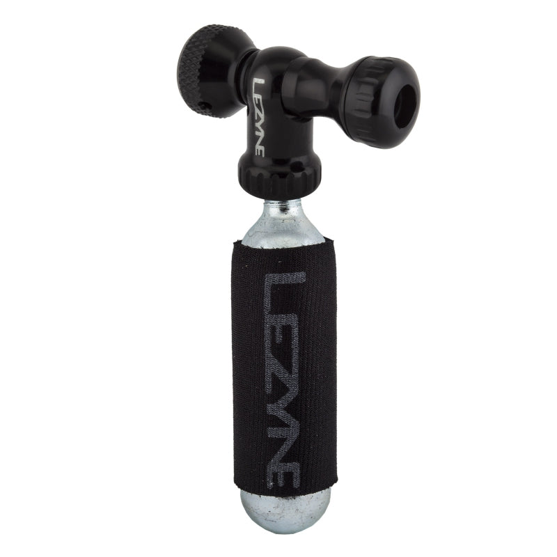 Inflador Lezyne Control Drive C0-2, de ajuste deslizante, Shcrader/Presta, incluye cartucho de 16 g, funda de neopreno negra