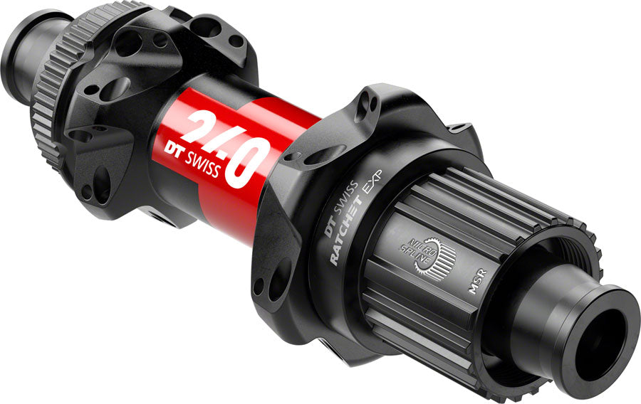 Buje trasero DT Swiss 240 EXP - 12 x 142 mm, Center-Lock Micro Spline, negro/rojo, 24 agujeros, 36 puntos, tiro recto