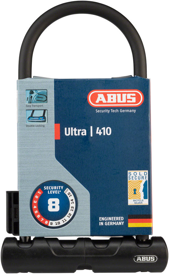 Candado en U Abus Ultra 410 de 3,9 x 9 pulgadas con llave negra. Incluye soporte.
