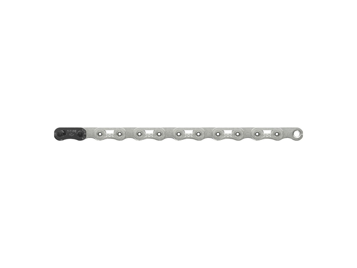 Cadena SRAM XX SL Eagle tipo T de 12 velocidades, 126 eslabones, pasador hueco, conector PowerLock, recubierto de PVD plateado.