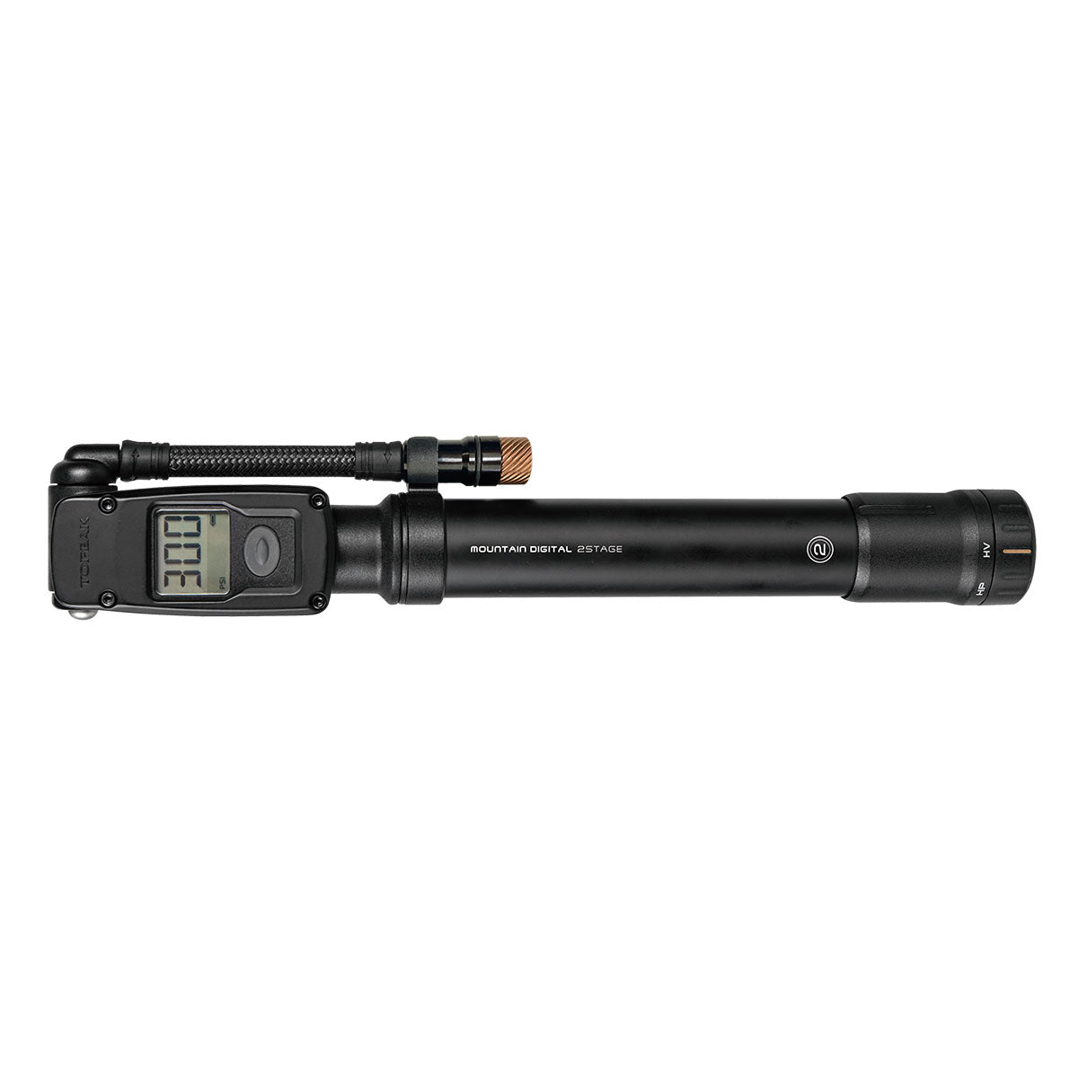 Minibomba digital para neumáticos y amortiguadores Topeak Mountain - 2 etapas, 300 psi, color negro