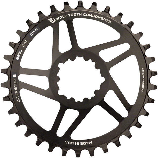 Wolf Tooth Direct Mount Chainring - 34t SRAM Direct Mount Drop-Stop B For BB30 Short Spindle Cranksets 0mm Offset BLK