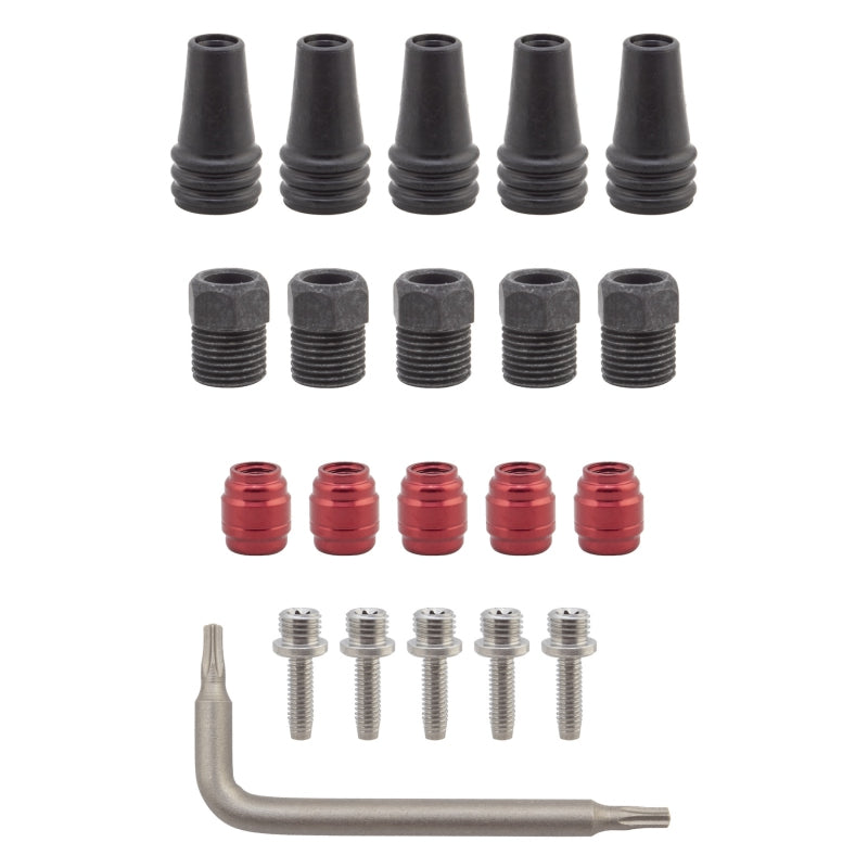 Kit de montaje de latiguillos de freno de disco SRAM Red/Force AXS de 2 piezas: 5 púas roscadas, 5 tuercas de compresión, 5 fuelles, olivas de compresión rojas, 1 Torx T8