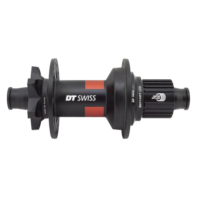 Buje trasero DT Swiss 240 DEG - 12 x 148 mm, 6 tornillos, micro estrías, negro/rojo, 28 agujeros, 90 puntos
