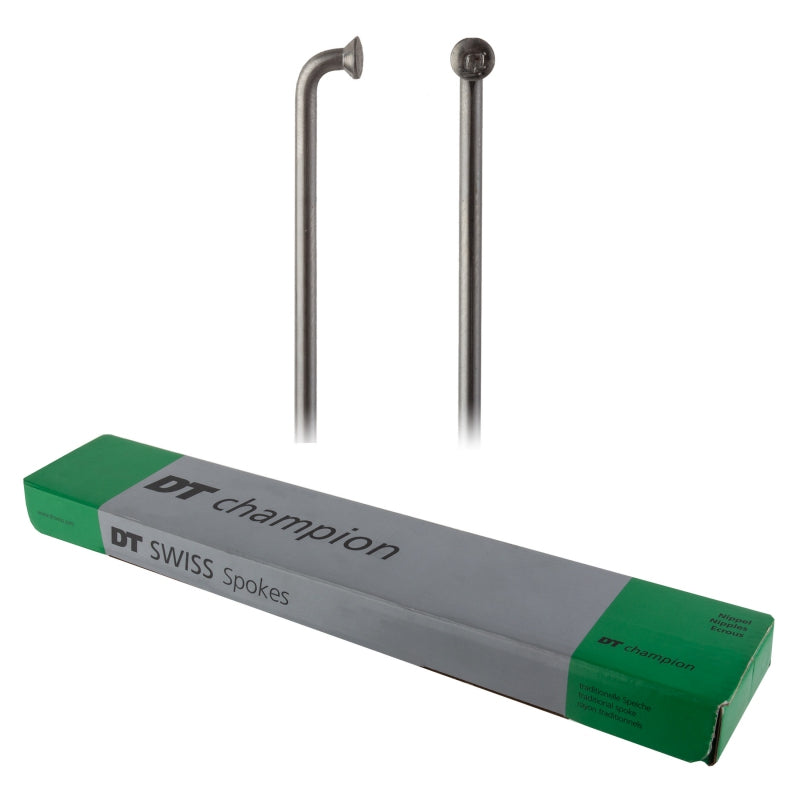 Radios DT Swiss Champion: 2,0 mm, 288 mm, curva en J, color plata, caja de 100 unidades