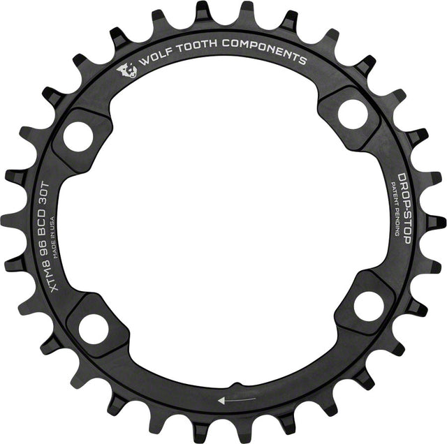 Wolf Tooth 96 BCD Chainring - 30t 96 Asymmetric BCD 4-Bolt Drop-Stop A For Shimano XT M8000 SLX M7000 Cranks BLK