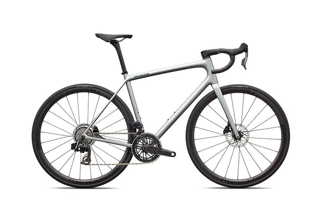 2026 Specialized Aethos Pro Axs Bike Gloss Shadow Silver / Emerald Metallic 61