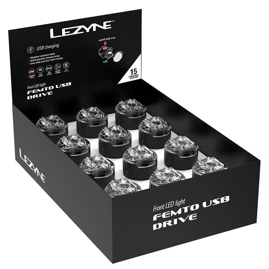 Caja de presentación frontal con luces de unidad USB Femto de Lezyne