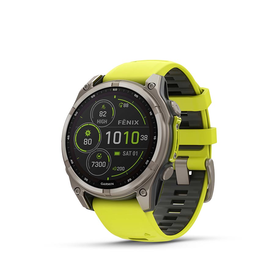 Reloj Garmin Fenix ​​8 Solar Sapphire de 47 mm. Color del reloj: Titanio. Correa: Amarillo Amp/Grafito - Silicona.
