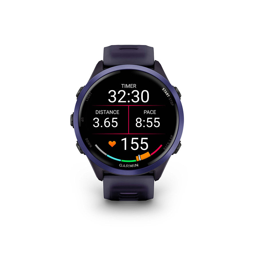 Reloj Garmin Forerunner 570 de 47 mm. Color del reloj: índigo. Correa: silicona translúcida (morado imperial/índigo).