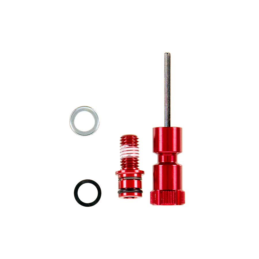 El kit de perilla/perno de ajuste largo de rebote RockShox utiliza algunas patas inferiores Maxle de 32 mm en rojo