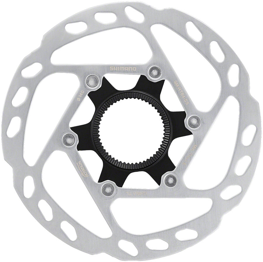 Rotor de freno de disco Shimano SM-RT64-SS con anillo de bloqueo externo - 140 mm, bloqueo central, plateado