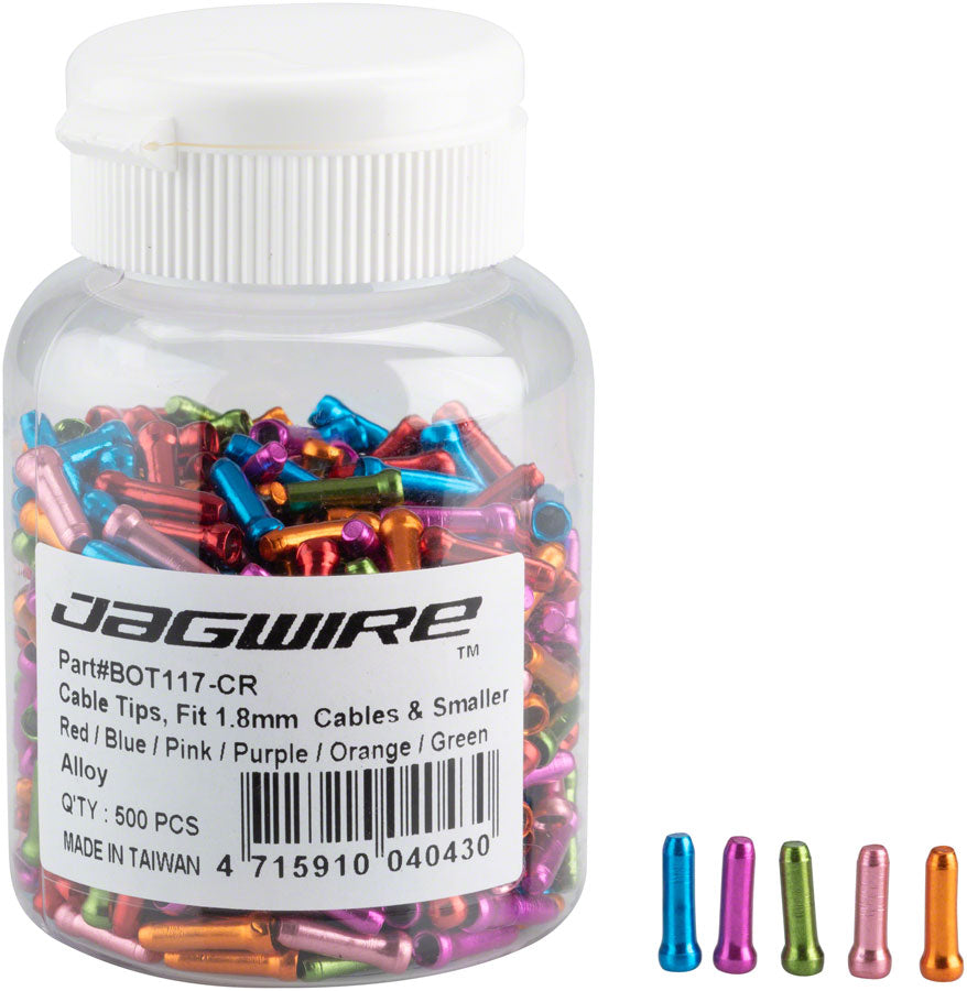Conjunto de crimpadora de extremos de cable Jagwire de 1,8 mm (botella/500 unidades), rojo, azul, rosa, morado, naranja y verde