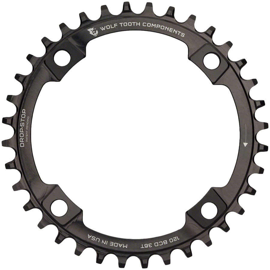 Plato Wolf Tooth 120 BCD - 36 dientes, 120 BCD, 4 tornillos, tope de caída, negro