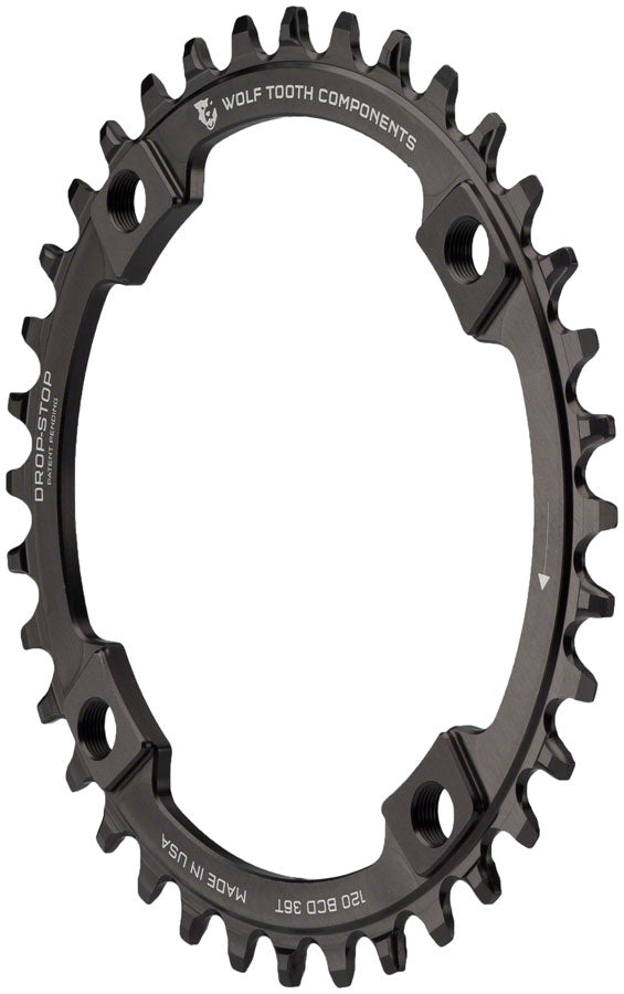 Plato Wolf Tooth 120 BCD - 36 dientes, 120 BCD, 4 tornillos, tope de caída, negro
