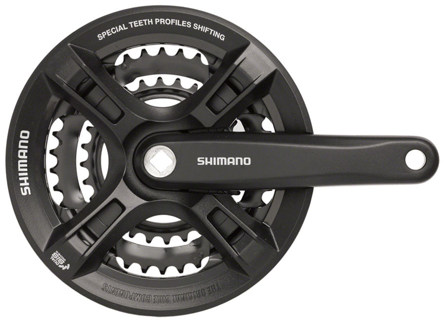 Juego de bielas Shimano Altus FC-M311 (170 mm, 7/8 velocidades, 42/32/22 dientes, cono cuadrado remachado, interfaz JIS, negro, con protector de cadena)