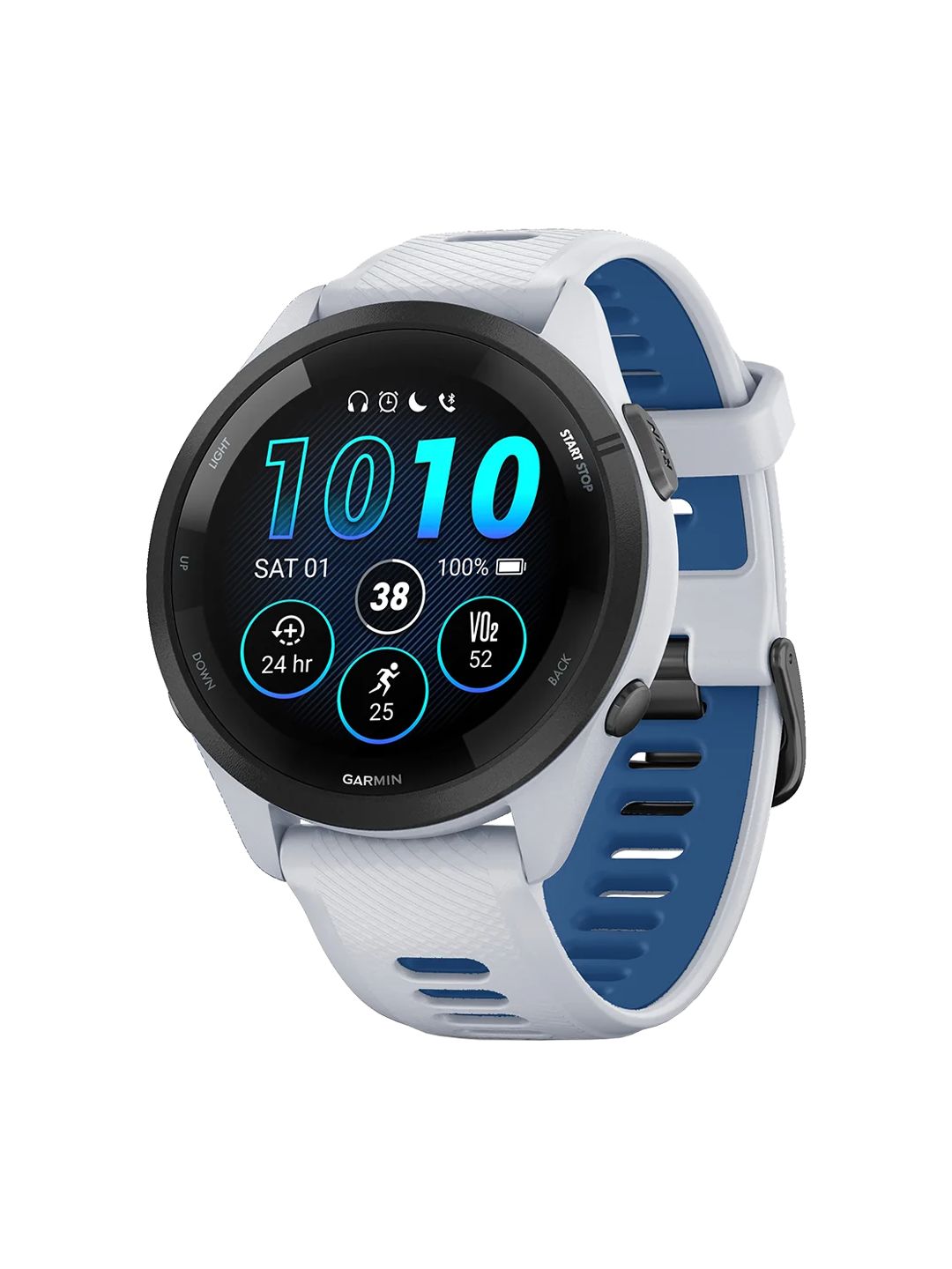 Reloj inteligente con GPS Garmin Forerunner 265 de 46 mm con bisel negro y caja color blanco piedra. Correa de silicona color blanco piedra/azul marea.