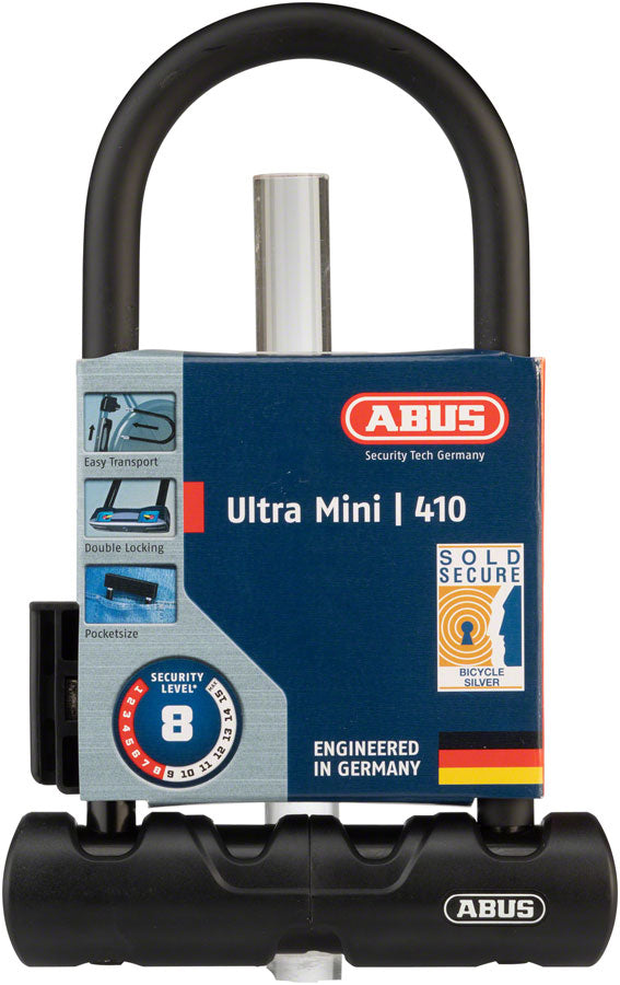 Candado en U Abus Ultra 410 de 3,9 x 7 pulgadas con llave negra. Incluye soporte.