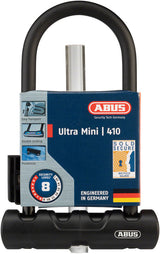 Candado en U Abus Ultra 410 de 3,9 x 7 pulgadas con llave negra. Incluye soporte.