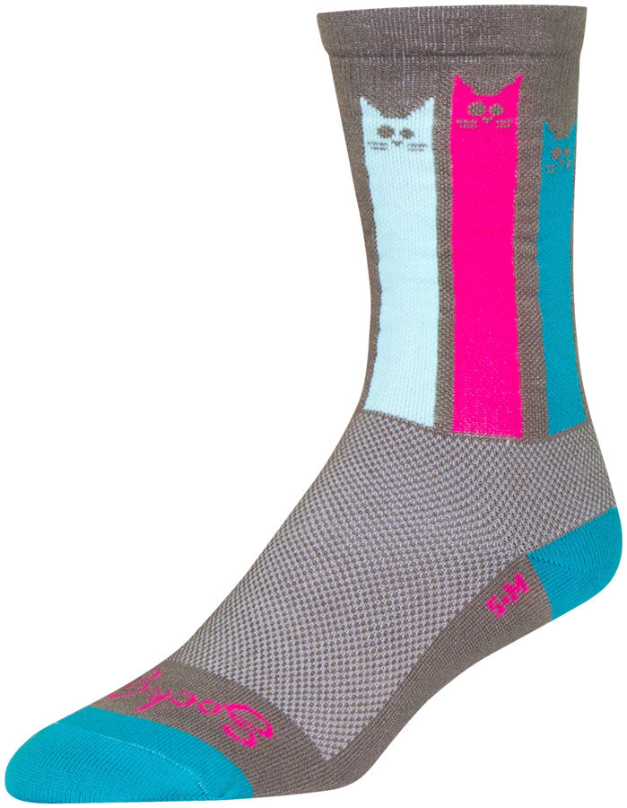 Calcetines SockGuy Crew Felines - 15 cm, gris/rosa/verde azulado, tallas grandes/extra grandes