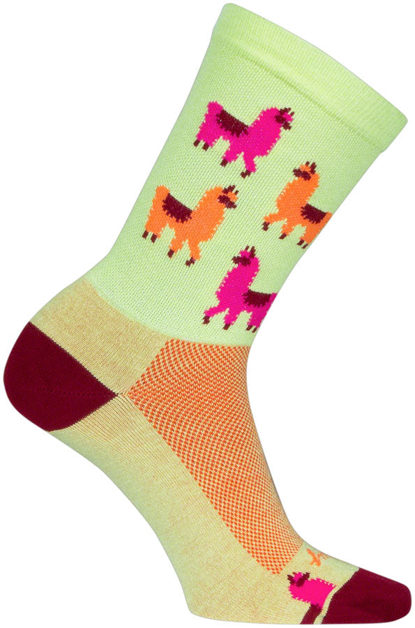 Calcetines deportivos SockGuy Mo Llamas - 15 cm, verde, rosa y naranja, talla pequeña/mediana