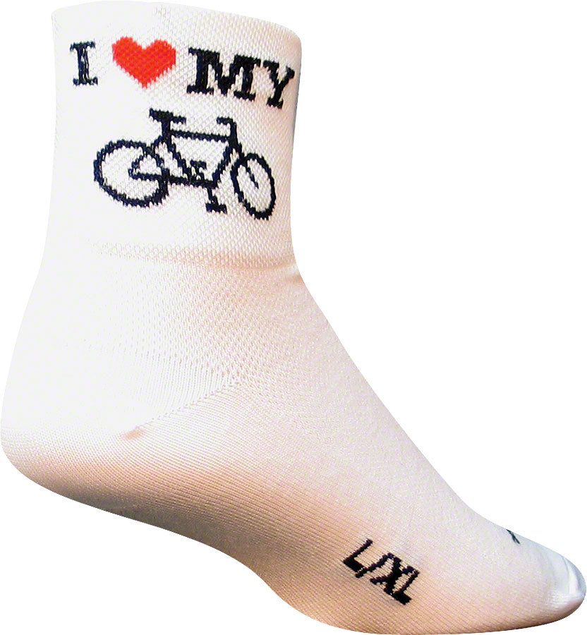 Calcetines clásicos SockGuy "Amo mi bicicleta" - Blancos, 7,6 cm, talla grande/extra grande