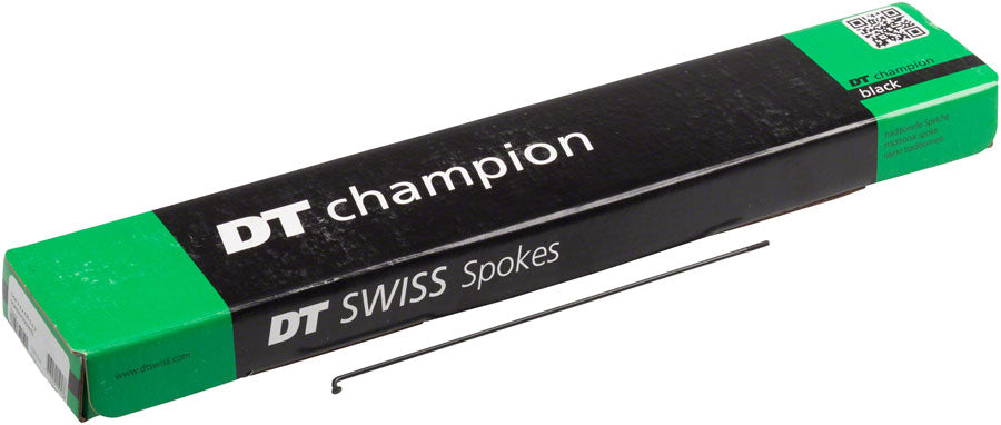 Radios DT Swiss Champion: 2,0 mm, 195 mm, curva en J, color negro, caja de 100 unidades